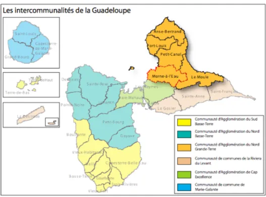 Figure 5 : Localisation de l'intercommunalité du Nord Grande-Terre et de la commune de Morne-à-l'Eau ;  PLU de la ville, 2017