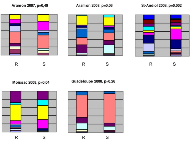 Figure 2 : Fréquence des différents MLGs dans les populations ailées infestant les melons Vat (R) ou  non Vat (S) dans différents bassins de production de melon 