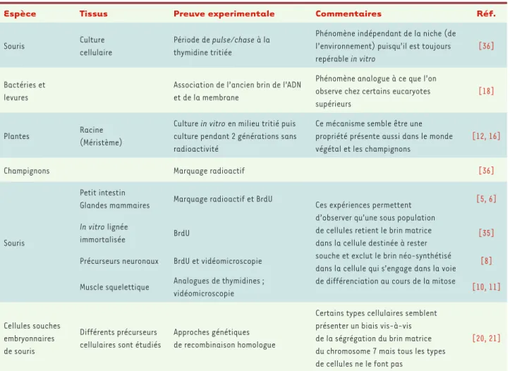 Tableau I. Arguments expérimentaux en faveur de la ségrégation asymétrique des brins d’ADN.