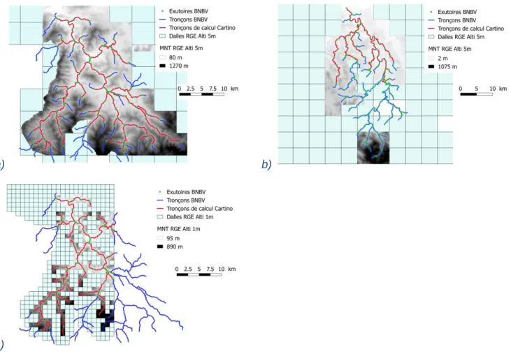 Figure 1. Cartes des MNT disponibles dans le RGE Alti et des réseaux hydrographiques couverts par le calcul, a) Nive, MNT de résolution  5m ; b) Bidouze, MNT de résolution 5m ; c) Nive, MNT de résolution 1m