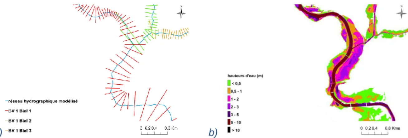 Figure 3. Principe de fonctionnement de la méthode Cartino, d’après Le Bihan (2016) : a) positionnement des profils en travers par bief  sur le réseau hydrographique, b) résultat du calcul après post-traitement (hauteurs d’eau) 