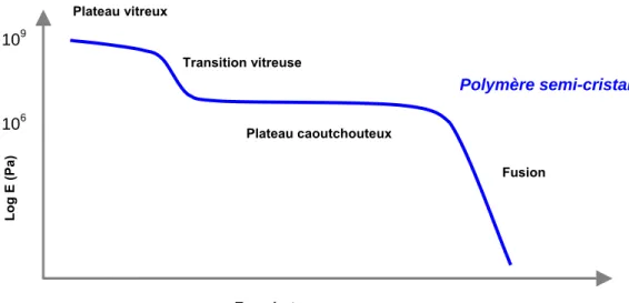 Figure 6  Variation du module de relaxation (E) en fonction de la température pour un  polymère thermoplastique semi-cristallin 