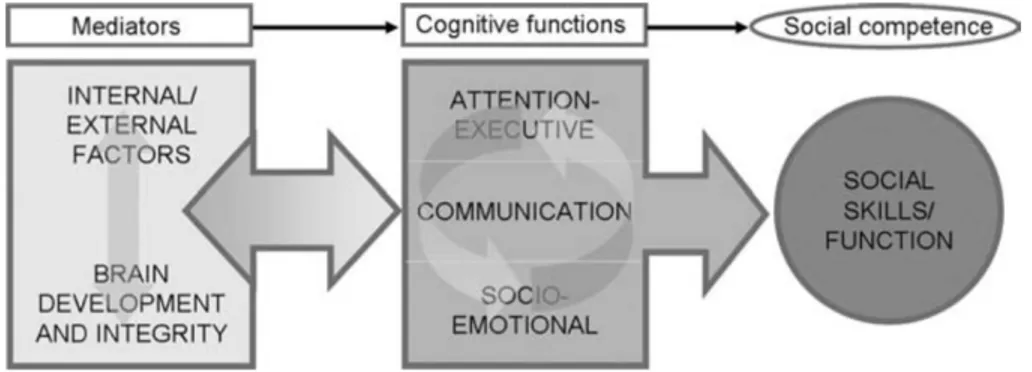 Figure  3.  Modèle  d’intégration  des  habiletés  sociocognitives.  Reproduite  de  «SOCIAL:  An  integrative  framework  for  the  development  of  social  skills»,  par  M