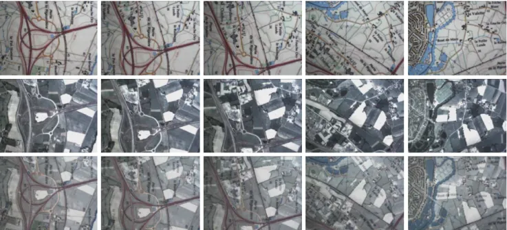 Fig. 9. Multi-modal visual servoing in a navigation task. First row: desired images (acquired during the learning step) ; second row: current image ; third row : desired image overlaid on the current one.