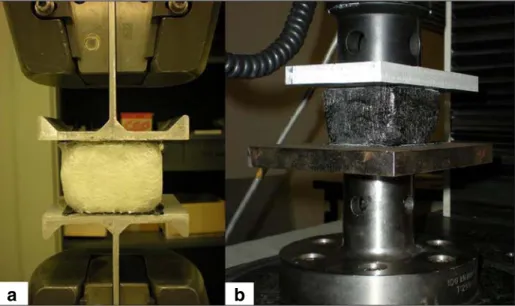 Fig. 4 Sandwich with (a) glass entangled cross-linked fibres as core under tension load and (b) carbon entangled cross-linked fibres as core under compression load