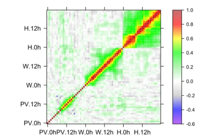 Figure 4: Covariance matrix of the multivariate Gaussian Copula, in the rank domain of Wind (W), Hydro (H) and PV (PV) for each hour of the day