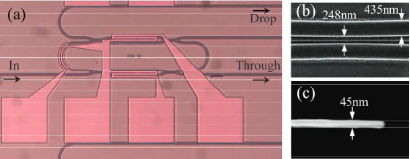 Fig. 4. (a) Microscope picture of the fabricated device. Scanning electron microscope (SEM) pictures of (b) one of the coupling regions and (c) the tip of the silicon nano-taper.