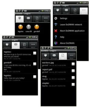 Figure 2: Screenshots of the DoDWAN Android application running on a smartphone