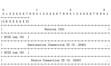 Fig. 3. Description of the first fields of any (long-header) QUIC packet, as defined in the “QUIC Invariants” Internet draft [10].