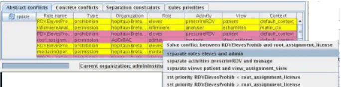 Fig. 6: Abstract conicts tab. Each couple of conicting rules is displayed. The contextual menu shows the choices the administrator has to solve the conict