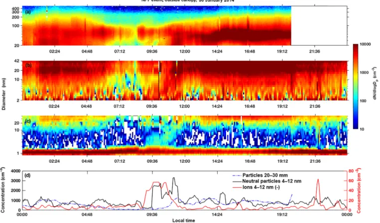 Figure 11. One example of an NPF event day, as observed at the open pasture (T3) site