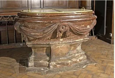 Fig. 2  – Fonts baptismaux en marbre rouge, 2e quart XVIIe, église Saint-Nicolas-des-Champs, Paris
