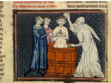 Fig. 6 - Baptême de Label, roi de Perse, BnF, ms fr. 105, f°76v° (ms de Maître Fauvel) 1ère moitié du  XVe siècle