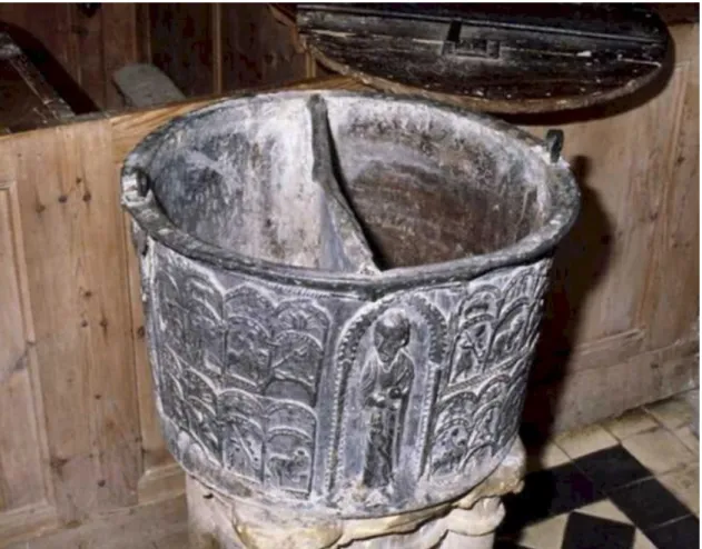 Fig. 7 – Cuve baptismale en plomb, XIIe siècle, Espaubourg (60). © CAOA Orne. 