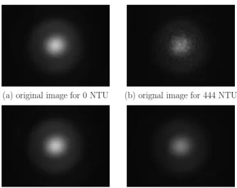 FIG. 10. (a) the original image with pure water (b) the original image with turbid water of 444.4 NTU (c) the resulting image with pure water after passing through the low pass filter (d) the resulting image with turbid water of 444.4 NTU after passing thr