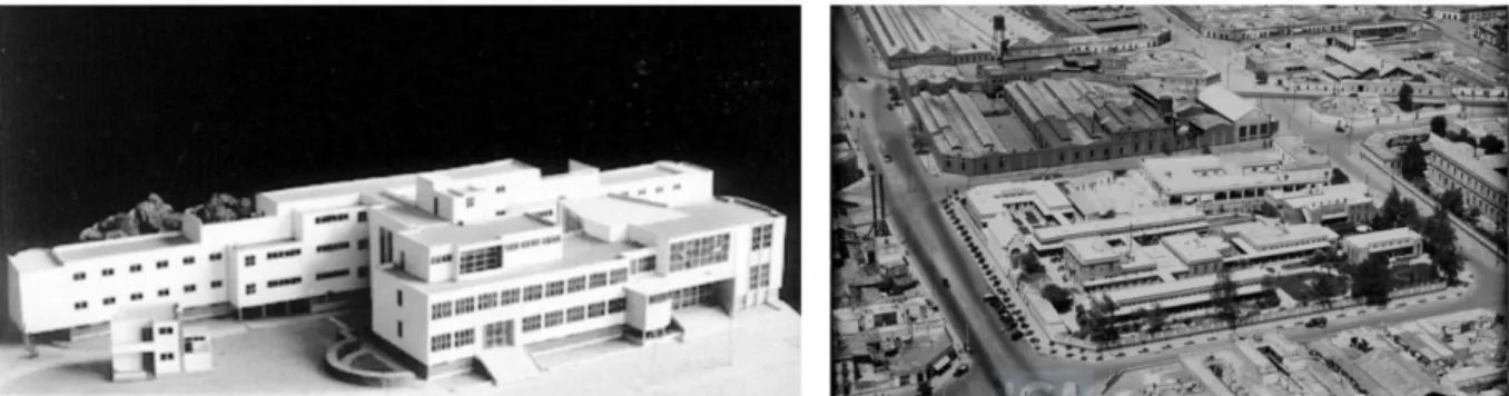 Fig. 12 et 13. À Gauche, maquette de l’Institut National de Cardiologie (1940) hôpital réalisé par José Villagrán  García (1936 et 1937), 77_20140827-134500:462631, Mediateca INAH© ; à droite, vue aérienne de l’Hôpital  français, l’un des projets les plus 