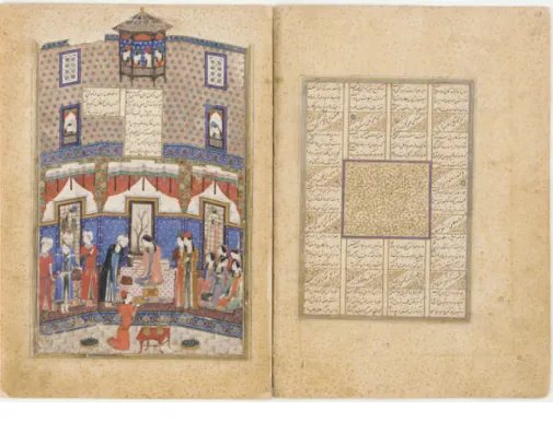 Fig. 9 A-B. A. Farhâd est présenté à Shirin, Khosrow &amp; Shirin de Nezâmi, Tabriz, vers 1405, Freer Gallery de  Washington