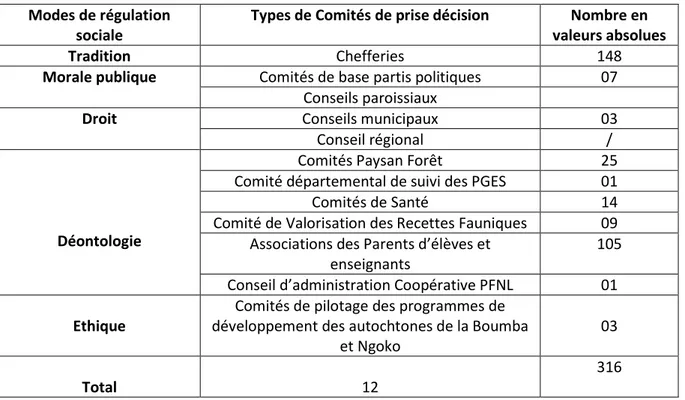 Tableau 1 : Les comités de prise de décision locale de la Boumba et Ngoko. Source : Auteur, 2019 