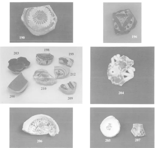 Fig. 4 :  Céramiques dites de Milet (190, 196) ; faïences d'Iznik (198, 199, 200, 203)  ;  faïences de Kiitahya (204-207) ;  céramiques espagnoles peintes au lustre métallique (209, 210) ; 