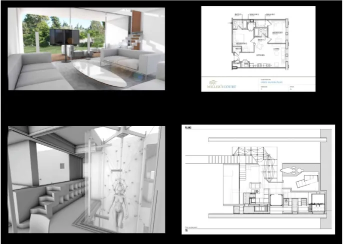 Fig. 9:  upper line: 3D model and plans from a residential project; lower line: 3D model and plans for the 