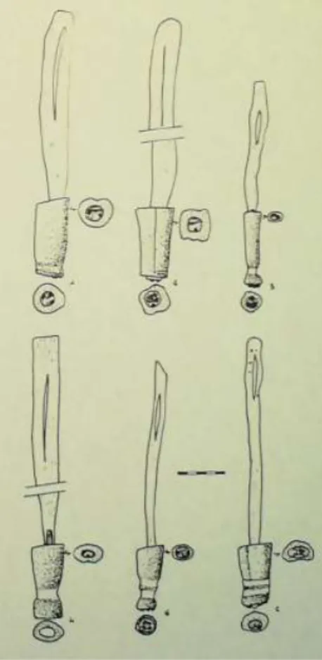 Figure 1 : différents battants de  sonnailles : 1. Métacarpe de boviné ;  2. Métatarse de boviné ; 3