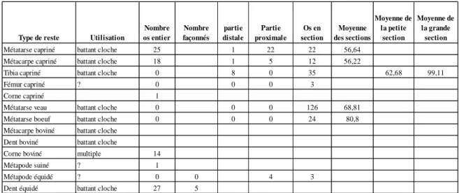 Tableau 1 : décompte et utilisation des ossements 