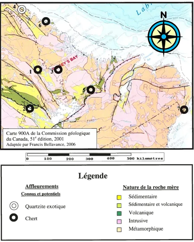 Figure 2 Distribution des matières premières dans la région du Mushuau Nipi $ Mushuau Nipi (1), Schefferville (2), Lac Mistasstin (3), baie de Ramah (4), région de Hamilton