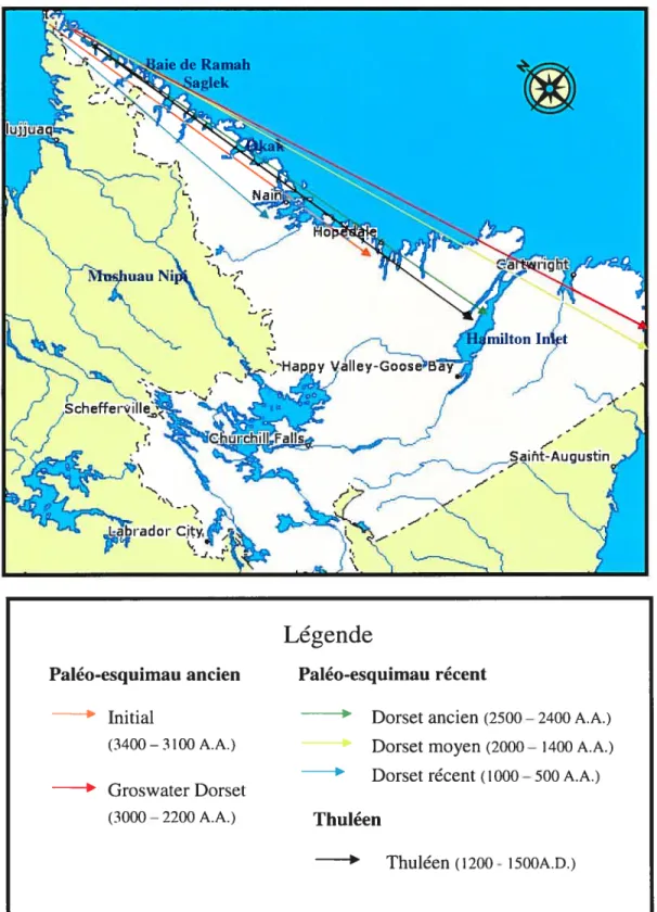 Figure 4 Les migrations paléo-esquimaudes et thuléennes le long de la côte du Labrador.