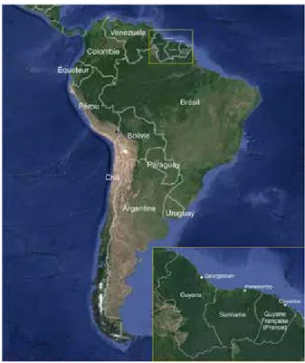 Figure 1 : L’Amérique du Sud. En détail, les trois Guyanes : à la gauche, la République  Coopérative de la Guyana (ancienne Guyane Britannique), au centre, le Suriname (ancienne 