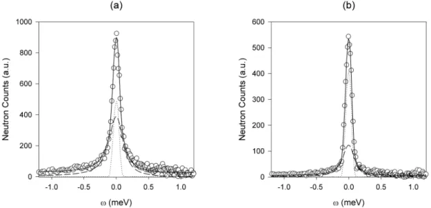 Figure 4. Quasielastic spectra measured by time-of-flight neutron scattering at 295 K and Q = 1.83 ˚ A −1 , on (a) bulk 8CB, and (b) 8CB confined in porous silicon