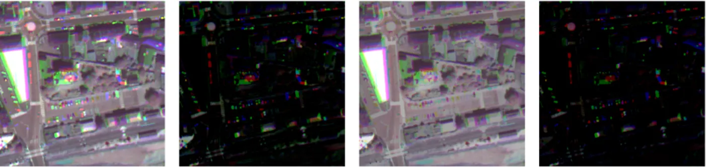 Figure 6: SITS Filtering (from left to right): composite of original series and its difference with its respective spatial-only filtering, STH filtering and its di ff erence with the original image