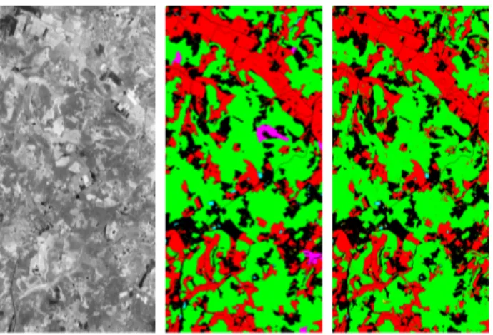 Figure 5: SITS Classification (from left to right): Sentinel-2 extract (date 1), reference map and sample result.