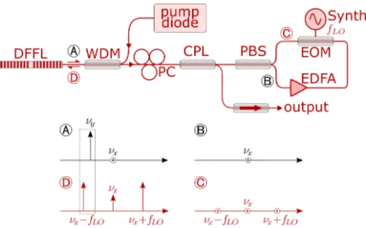 FIG. 1. Full-fibered experimental scheme of a dual- dual-frequency fiber laser (DFFL) submitted to  polarization-rotated frequency-shifted feedback