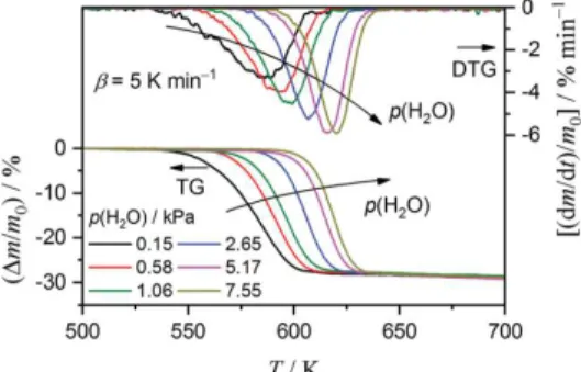 Figure 1 shows TG–DTG curves for the thermal decomposition of the Mg(OH) 2  sample at a β of 5 K  min-1 under a stream of wet N 2  gas at p(H 2 O) ranging from 0.15 to 7.55 kPa