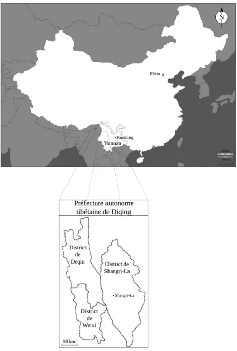 Fig. 1 : Carte de localisation du Yunnan, de Diqing et de Shangri-La  (fond de carte : D