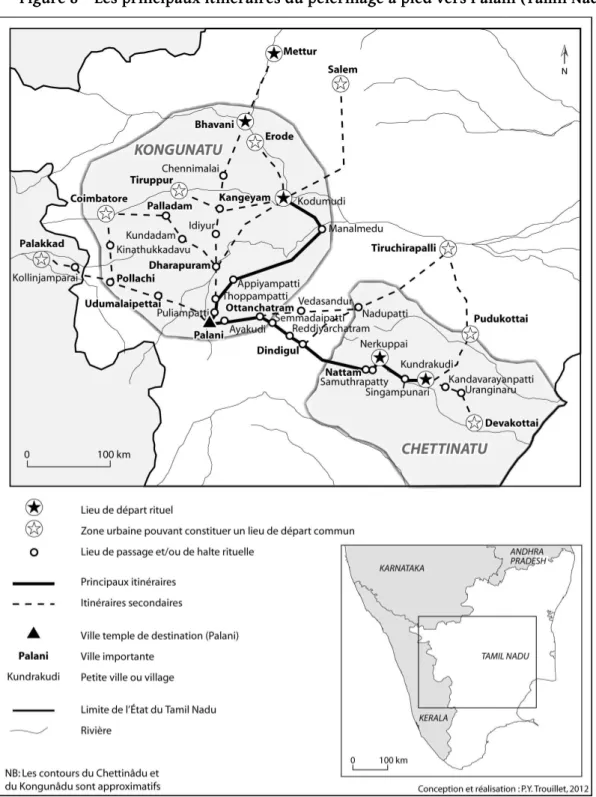 Figure 8 – Les principaux itinéraires du pèlerinage à pied vers Palani (Tamil Nadu) 