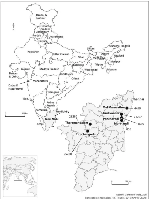 Fig. 1 : Localisation des terrains d’étude au Tamil Nadu et leur population en 2011