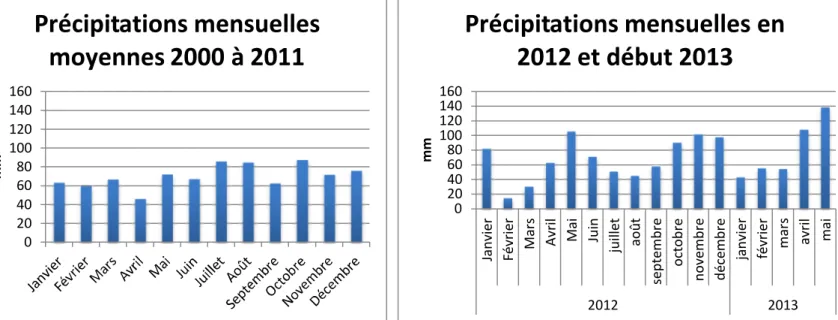 Figure 3 Précipitations mensuelles moyennes 2000 à 2011  Figure 4 Précipitations mensuelles en 2012 et début 2013 