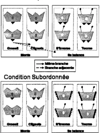 Figure  6.  Exemple  des  stimuli,  des  catégories, des  noms d'action et des distances  utilisés  dans  les  conditions  superordonnée  (en haut)  et subordonnée  (en bas)  de  l'Expérience  lB