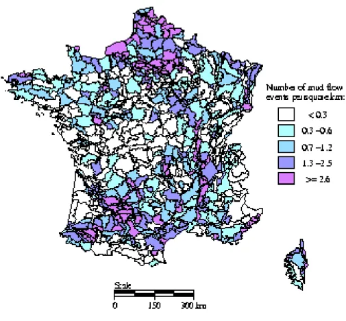 Illustration 1 : densité des coulées boueuses et crues turbides ( nombre d’évènements par km²)  en France  entre 1985 et 1995 (Le Bissonnais et al., 2002a)