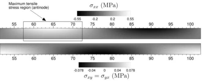 Figure 6: Initial stresses in the ice layer Ω 1 : (top) tensile stress σ xx ; and (bottom) shear stress σ xy = σ yx .