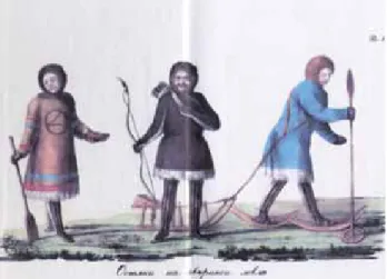 Fig. 4 — Chasseurs ostyaks (Planche 1 de Voyage vers l’Océan Glacial, 1833)