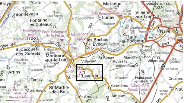 Figure  2 : Carte IGN correspondant à la partie de la vallée du Loir concernée par l'étude et localisation de Lavardin  (extrait de Géoportail) 