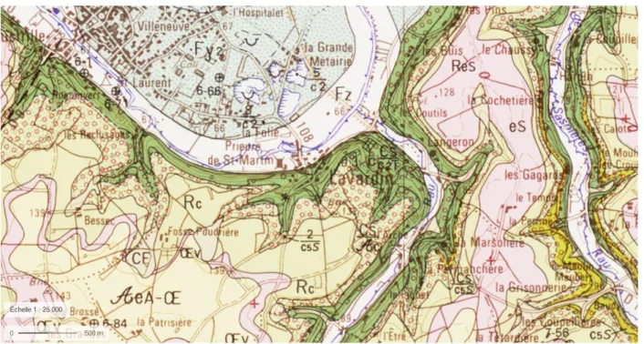 Figure 3 : Carte géologique de Lavardin (BRGM) tuffeau en vert foncé, argiles à silex en vert-jaune