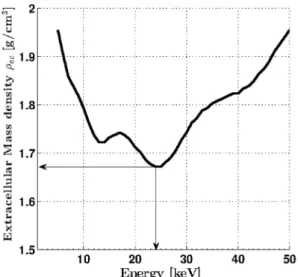 Figure 10. Extracellular mass density as function of photon energy, according to Equations (1)–(20), with a