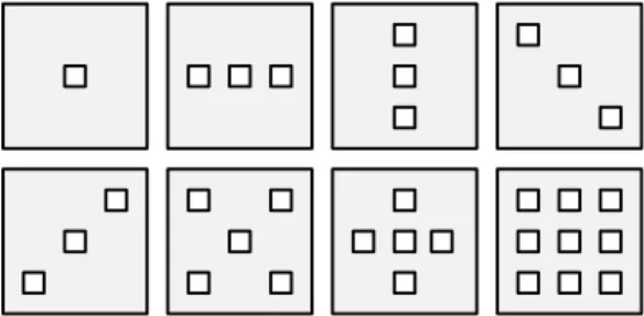 Figure 6. Examples of multi-view extraction configurations tested. Left-to-right, top-to-bottom: 1 view, 3 views horizontal, vertical, and diagonal, 5 views diagonal and straight, 9 views.