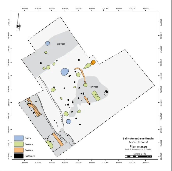 Fig. 8 -  Plan masse à l’issue des trois campagnes de fouille 2010, 2011 et 2012 (DAO : B