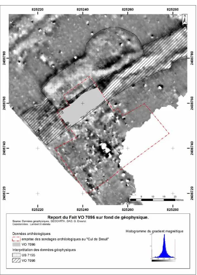 Fig. 16 -  Localisation de la voie VO 7096 et du remblai RE 7155 sur la carte de prospection géophysique