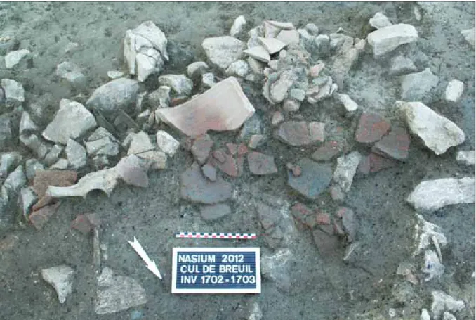 Fig. 21 -  EP 7007 : fragments d’amphores et de dolia écrasés en plan dans l’US 7359 (cliché : E