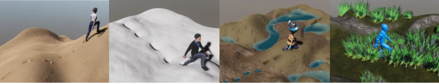 Figure 1: New layers added to a walking character in a game engine allow to automatically deform a variety of loose terrains and grass, using simple procedural parameters